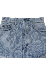 Dolce & Gabbana Blue Floral Print Denim Cotton Hot Pants Shorts - IT40|S