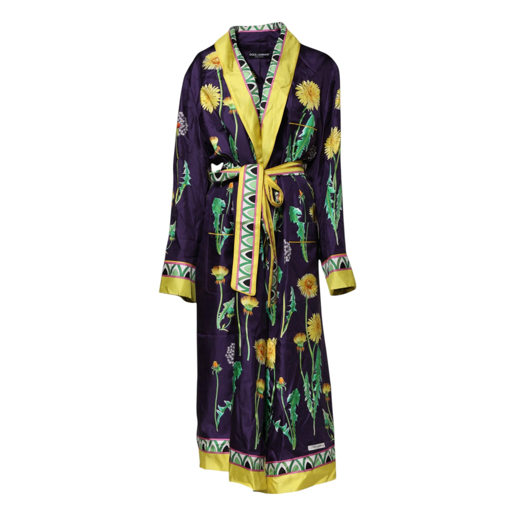 Dolce & Gabbana Blue Floral Print Silk Long Sleeves Wrap Robe - IT46|XL - Robes