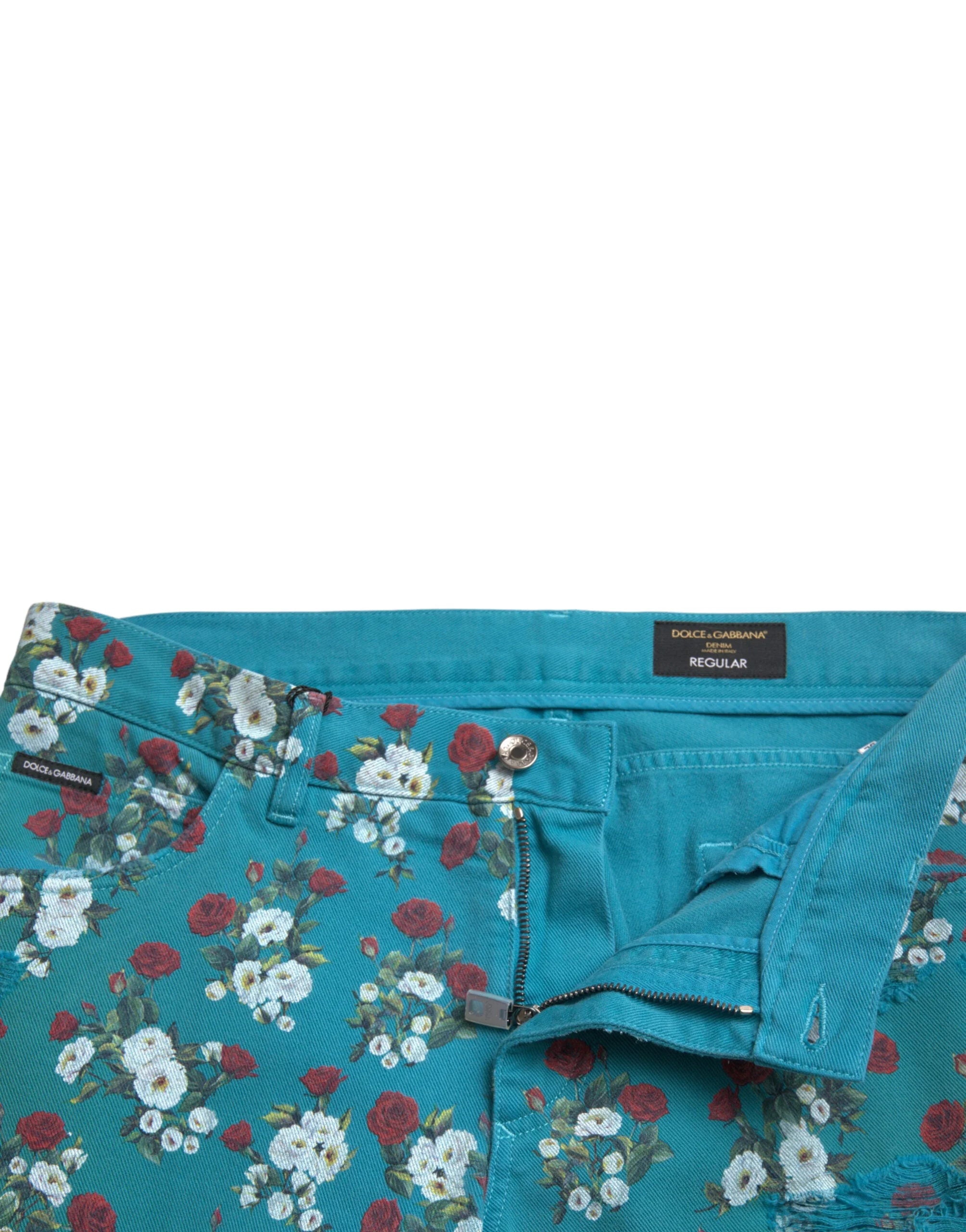 Dolce & Gabbana Blue Floral Print Skinny Cotton Denim Pants - Jeans