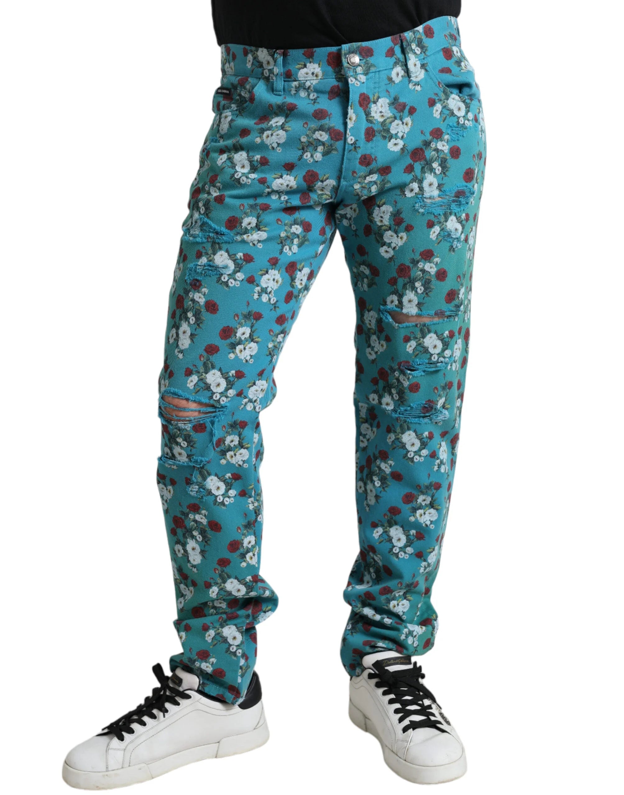 Dolce & Gabbana Blue Floral Print Skinny Cotton Denim Pants - Jeans