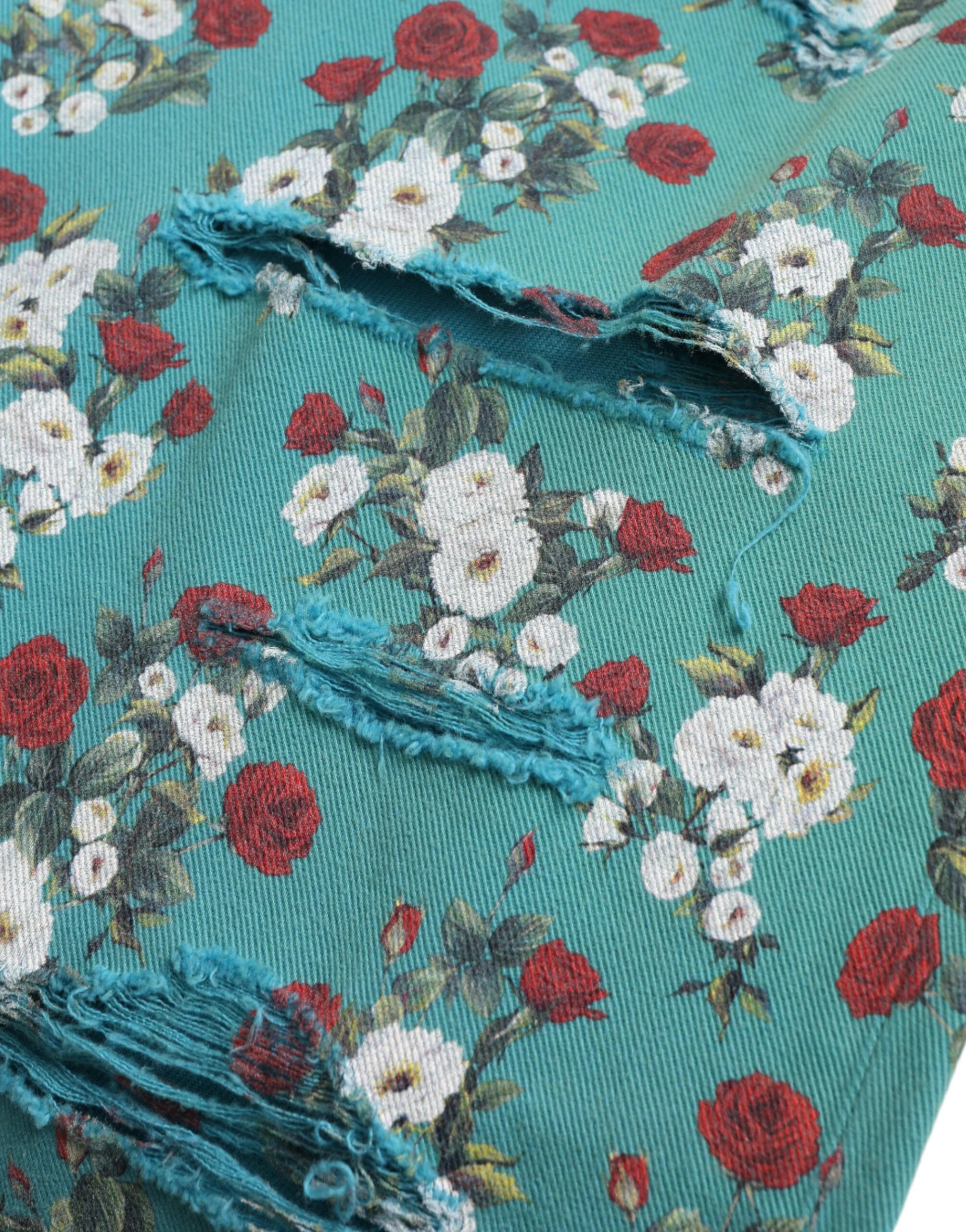 Dolce & Gabbana Blue Floral Print Skinny Cotton Denim Pants - Jeans