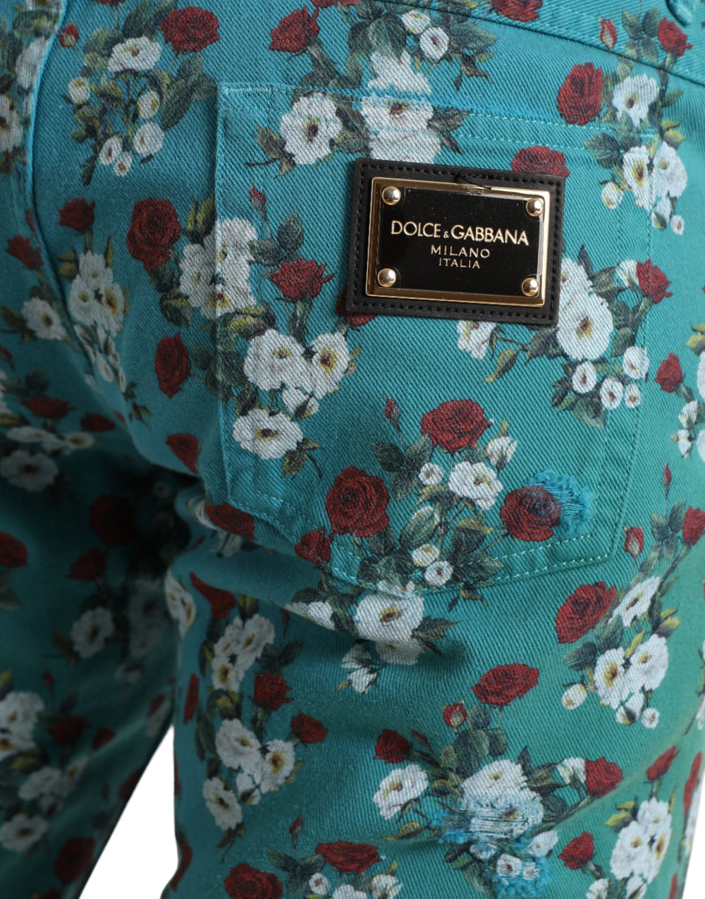 Dolce & Gabbana Blue Floral Print Skinny Cotton Denim Pants - Jeans