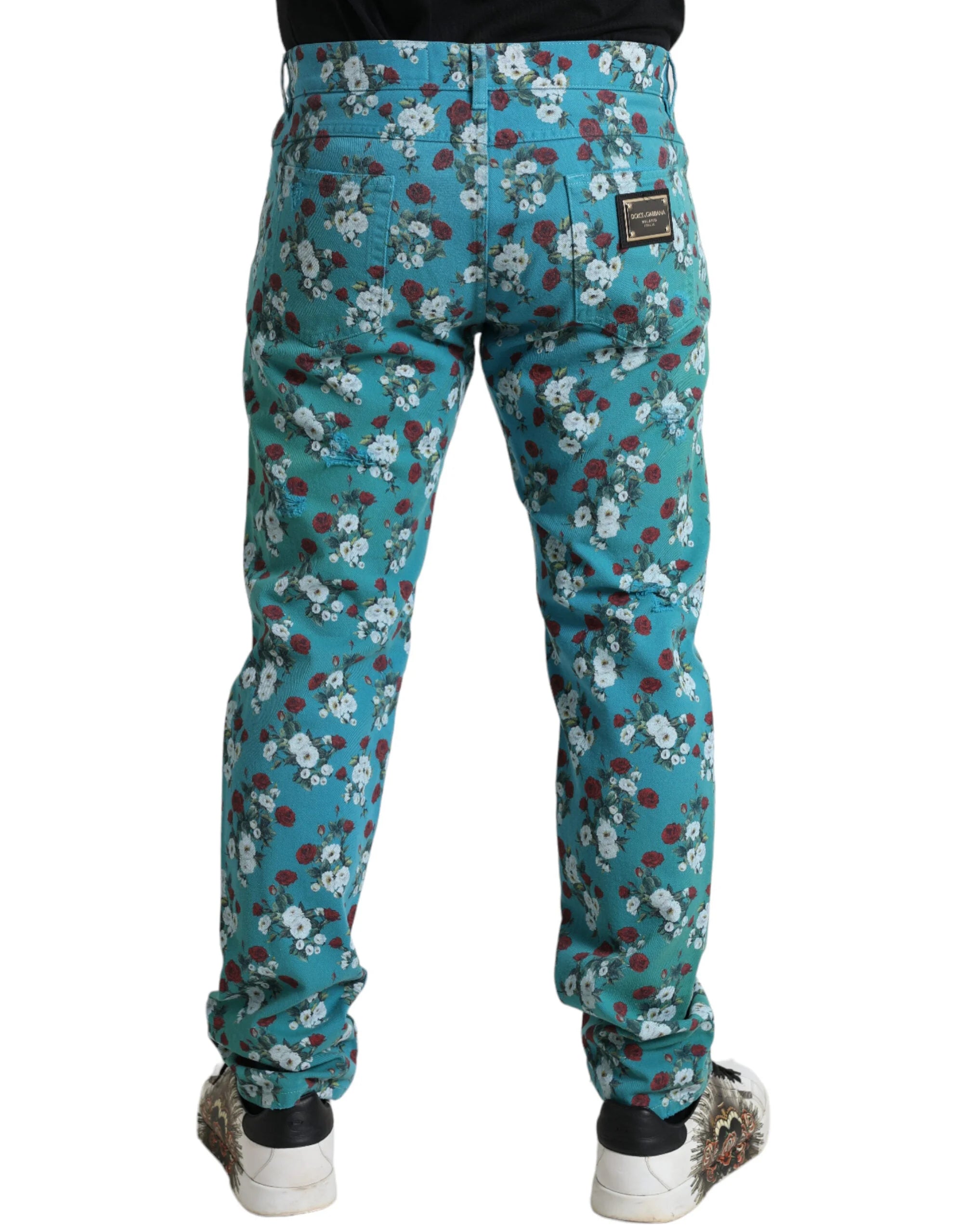 Dolce & Gabbana Blue Floral Print Skinny Cotton Denim Pants - Jeans