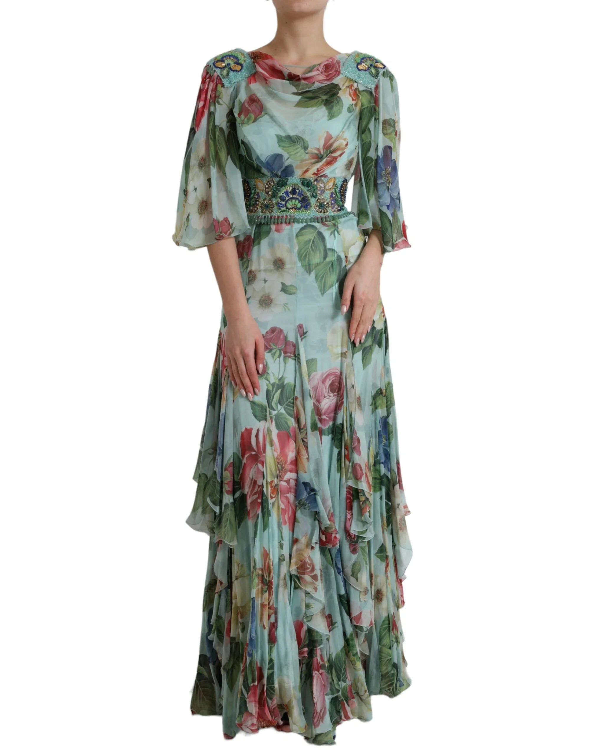 Dolce & Gabbana Blue Floral Print Tiered Long Maxi Dress - IT36|XXS - Dresses