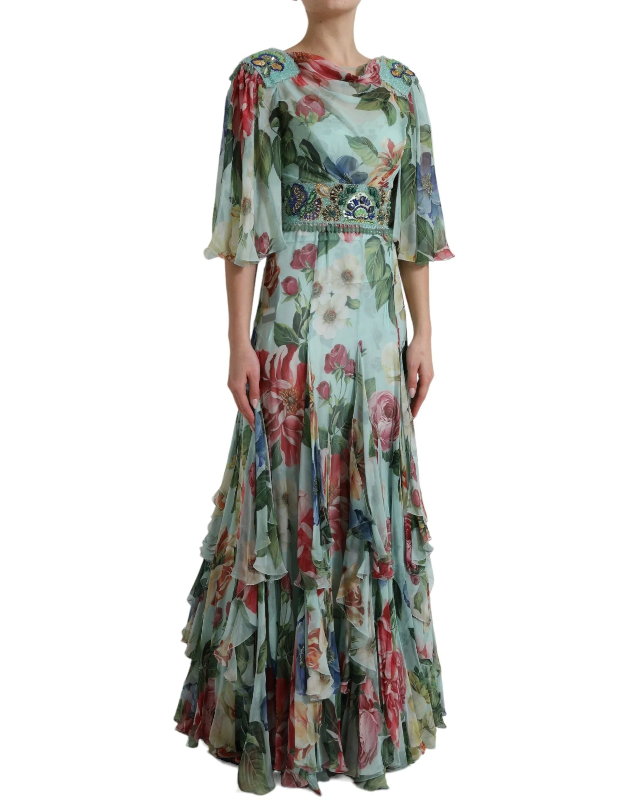 Dolce & Gabbana Blue Floral Print Tiered Long Maxi Dress - IT36|XXS - Dresses