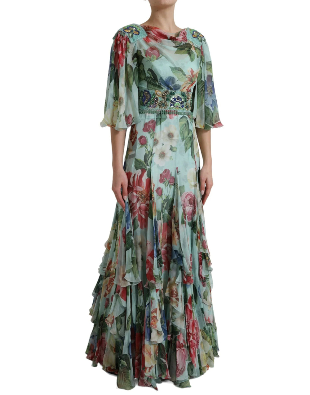 Dolce & Gabbana Blue Floral Print Tiered Long Maxi Dress - IT36|XXS - Dresses