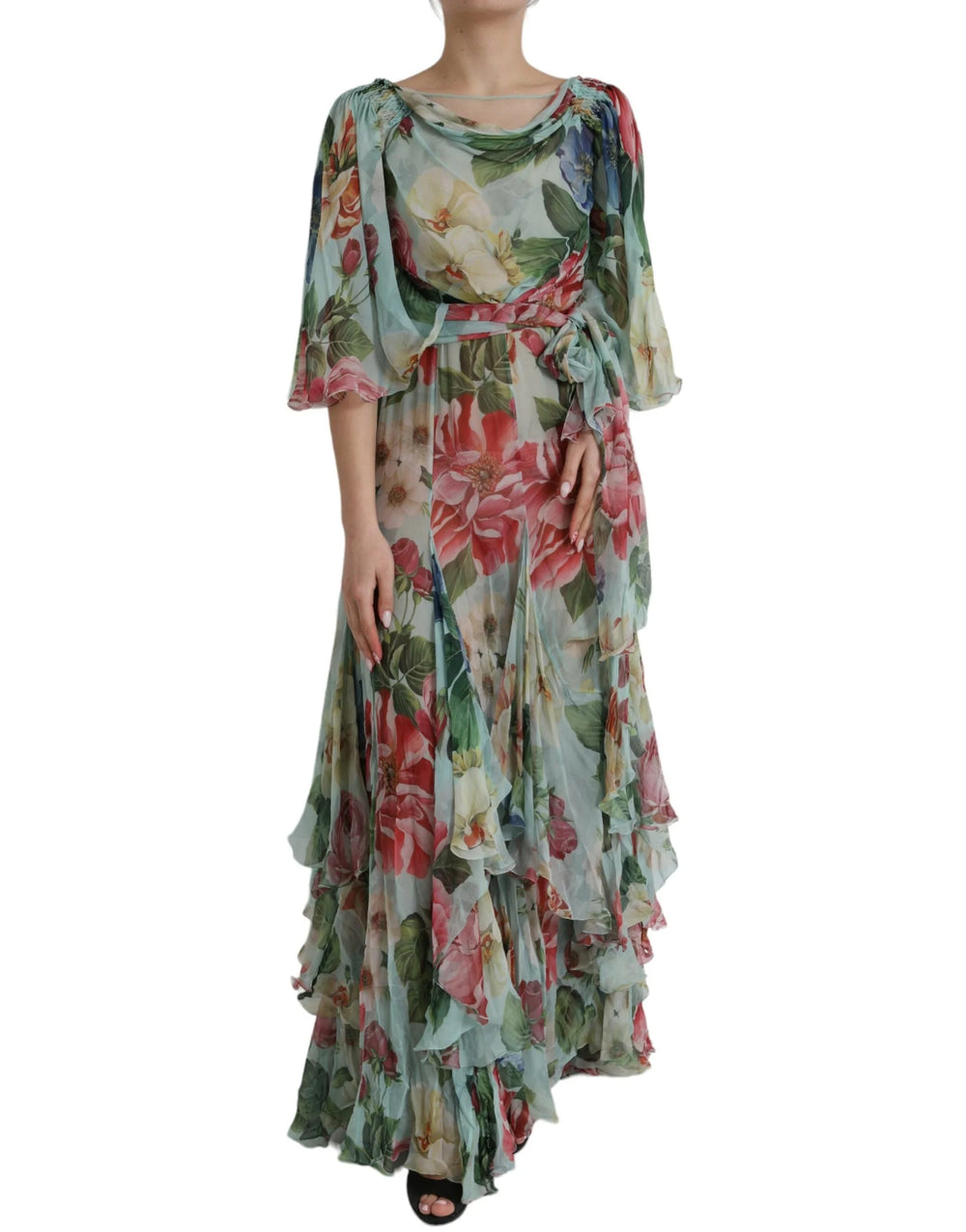 Dolce & Gabbana Blue Floral Print Tiered Long Maxi Dress - IT38 | XS - Dresses