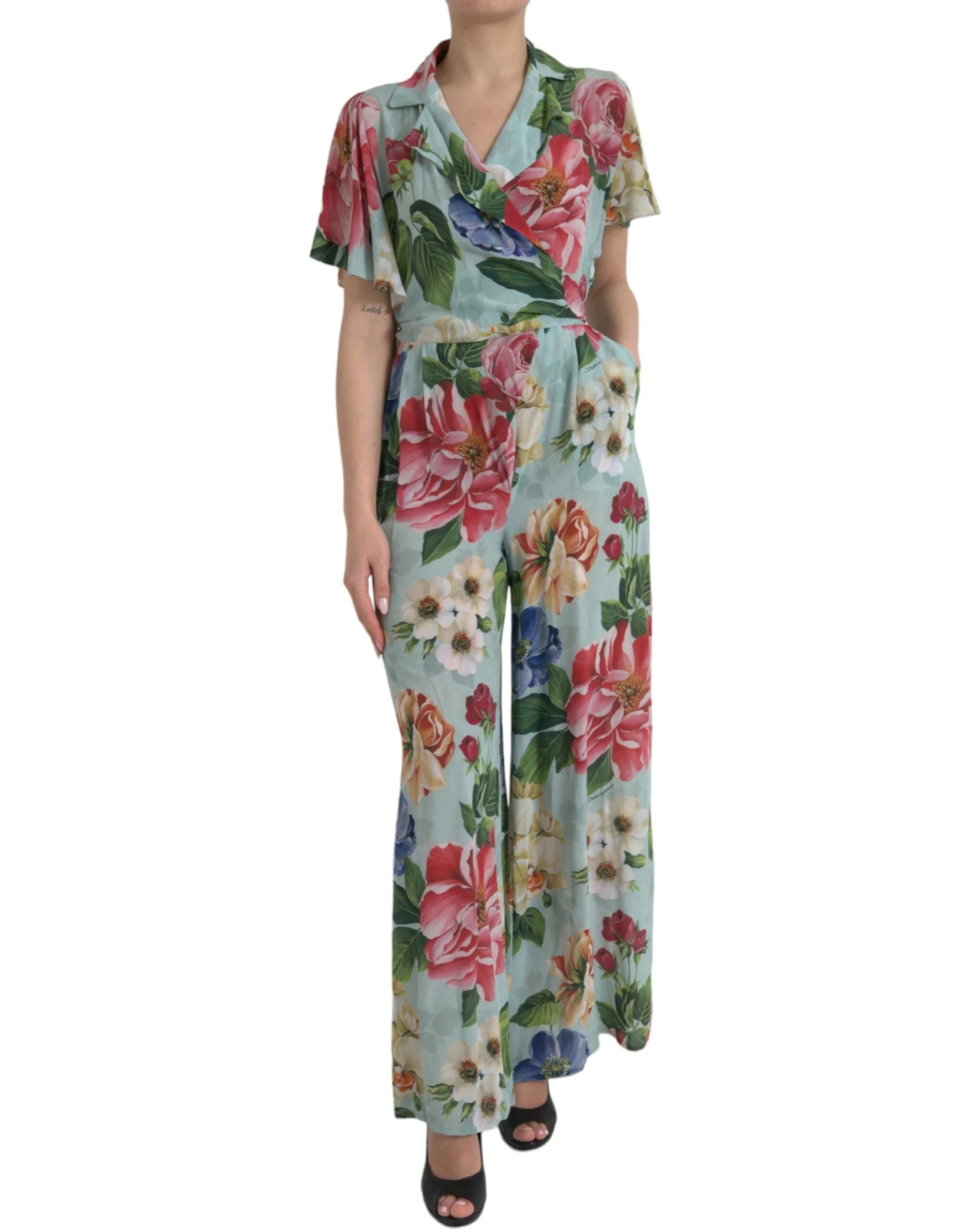 Dolce & Gabbana Blue Floral Wide Leg Wrap Jumpsuit Dress - IT36|XXS - One-Pieces