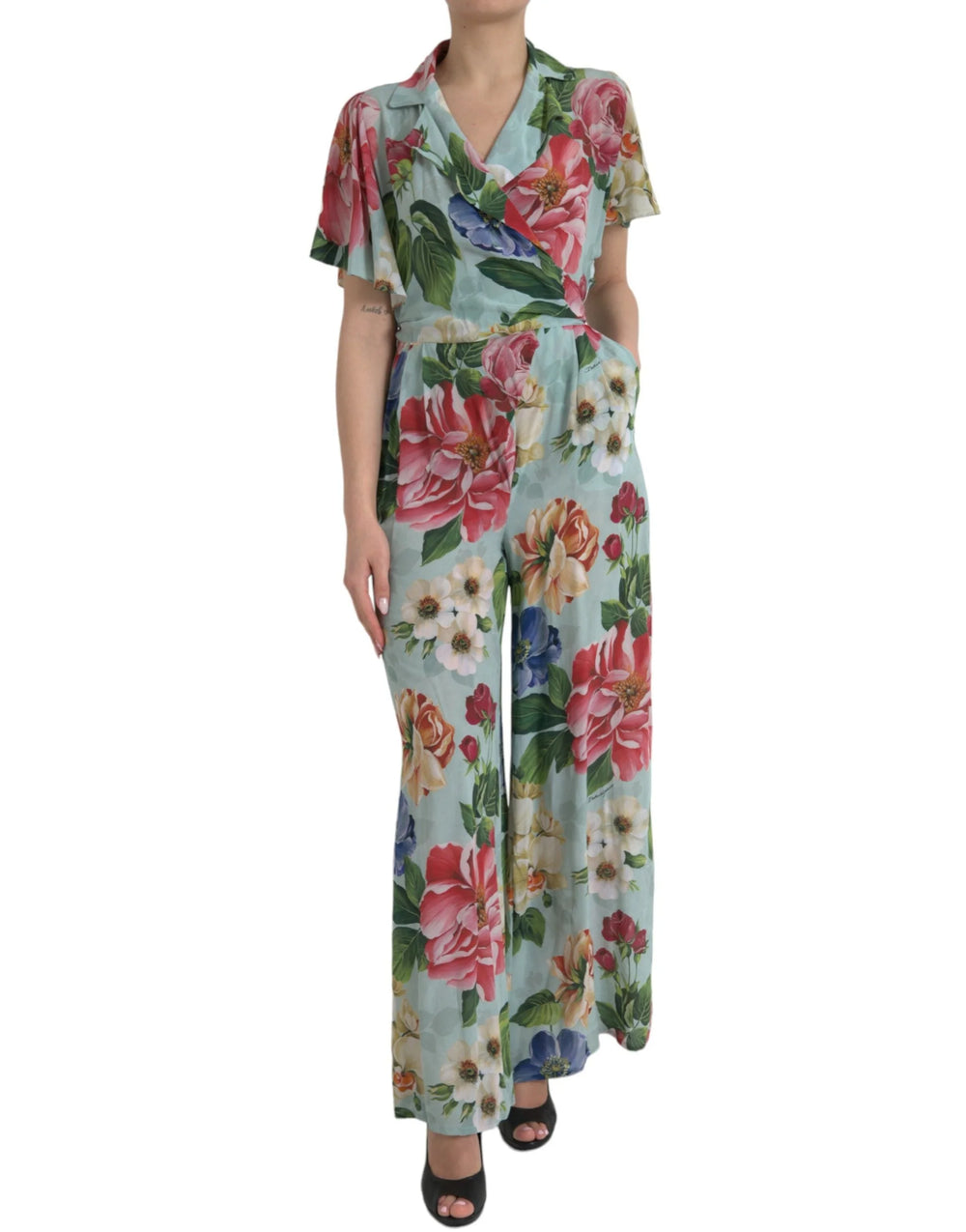 Dolce & Gabbana Blue Floral Wide Leg Wrap Jumpsuit Dress - IT36|XXS - One-Pieces