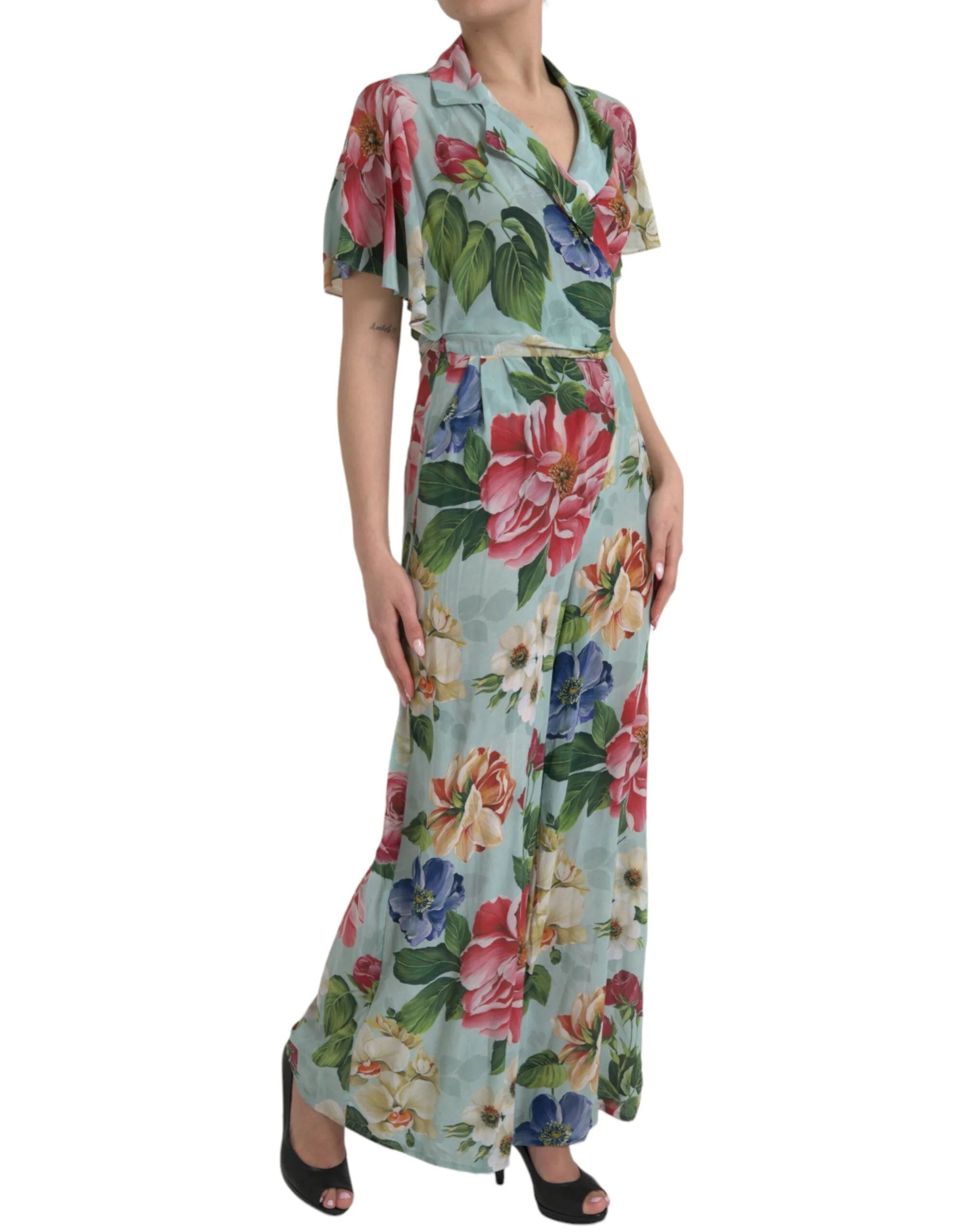 Dolce & Gabbana Blue Floral Wide Leg Wrap Jumpsuit Dress - IT36|XXS - One-Pieces