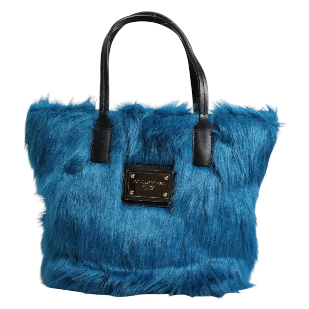 Dolce & Gabbana Blue Fur Logo Plaque Double Handle Shoulder Bag - Shoulder Bags