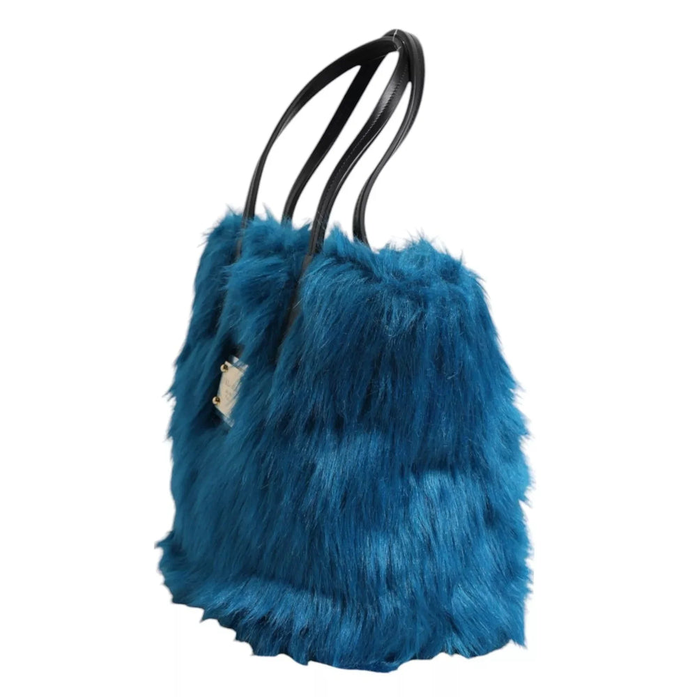 Dolce & Gabbana Blue Fur Logo Plaque Double Handle Shoulder Bag - Shoulder Bags