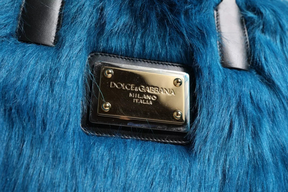 Dolce & Gabbana Blue Fur Logo Plaque Double Handle Shoulder Bag - Shoulder Bags