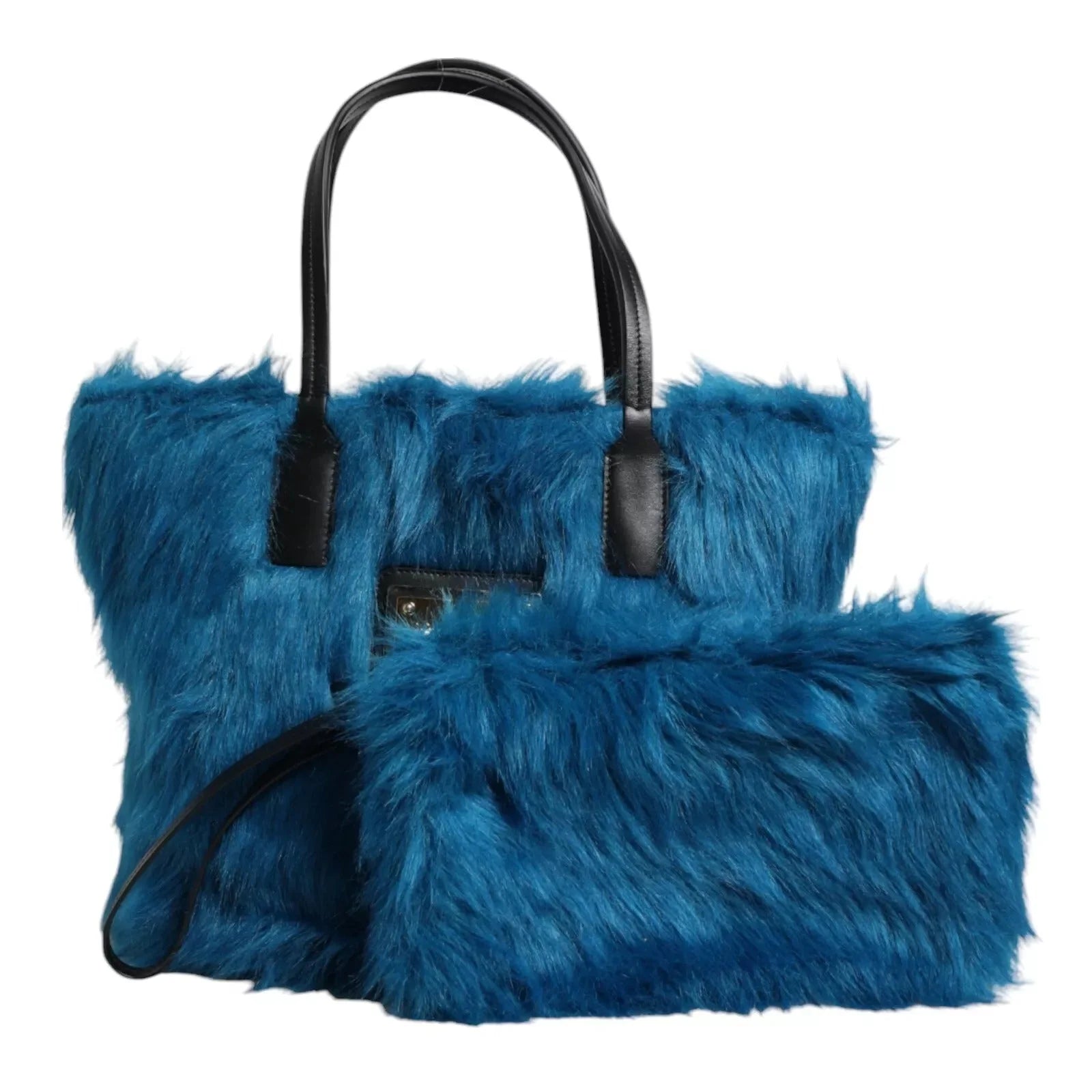 Dolce & Gabbana Blue Fur Logo Plaque Double Handle Shoulder Bag - Shoulder Bags