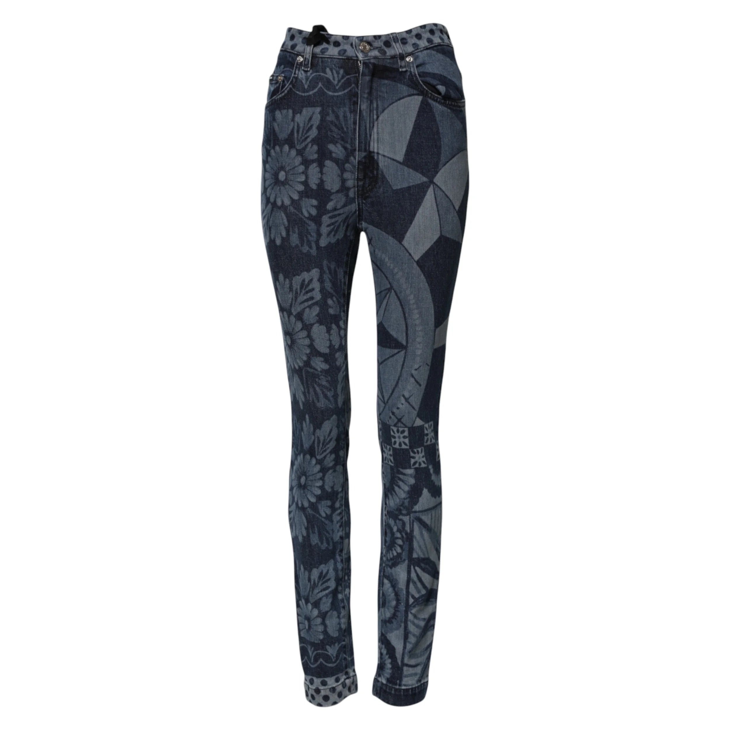 Dolce & Gabbana Blue Graphic Print Cotton Skinny Denim Jeans - Jeans