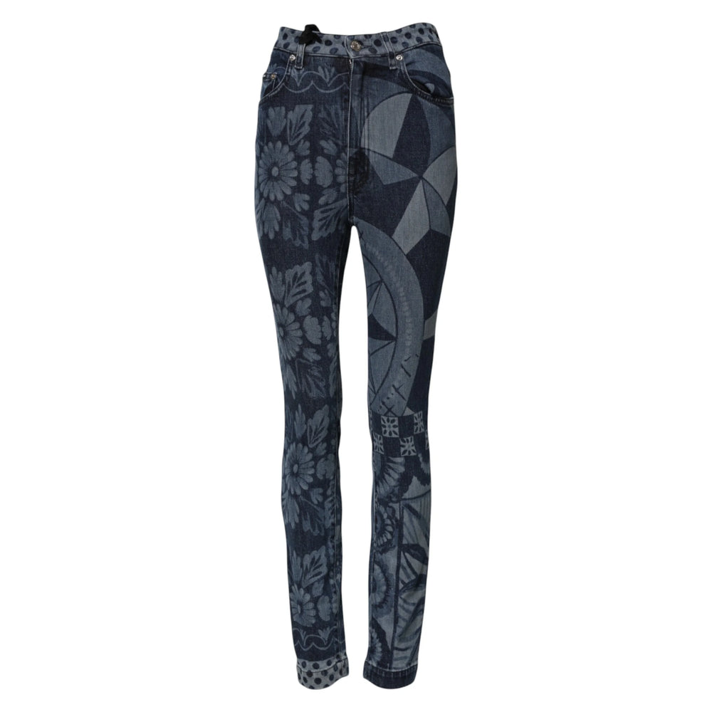 Dolce & Gabbana Blue Graphic Print Cotton Skinny Denim Jeans - Jeans