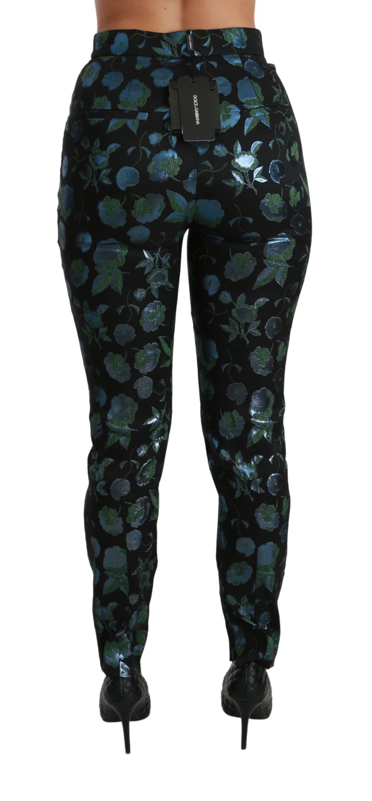 Dolce & Gabbana Blue Green Floral Metallic Slim Pants - IT40|S - Trousers