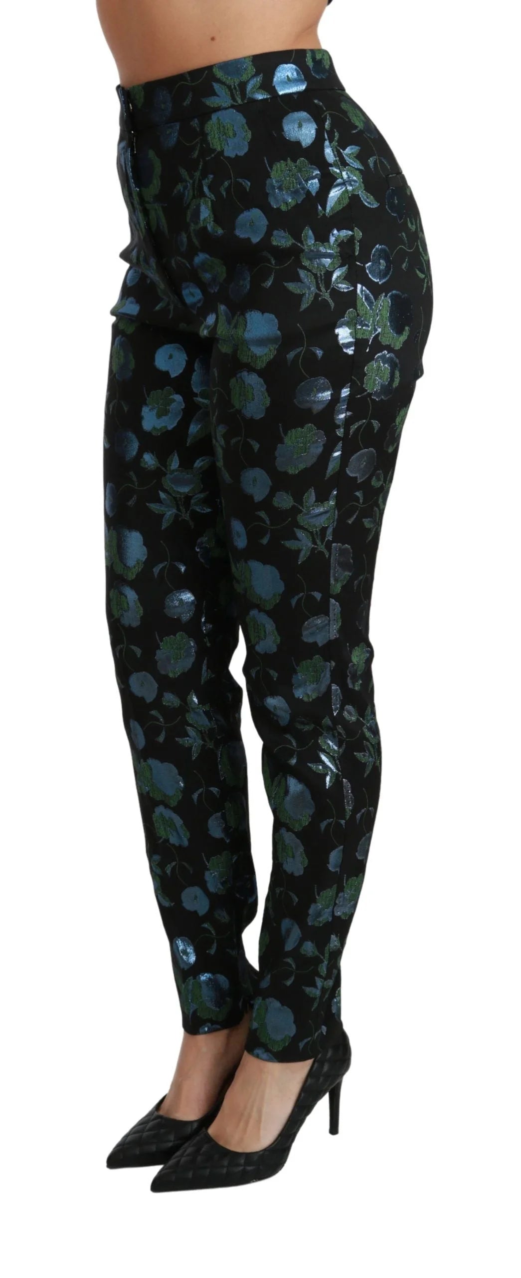 Dolce & Gabbana Blue Green Floral Metallic Slim Pants - IT40|S - Trousers