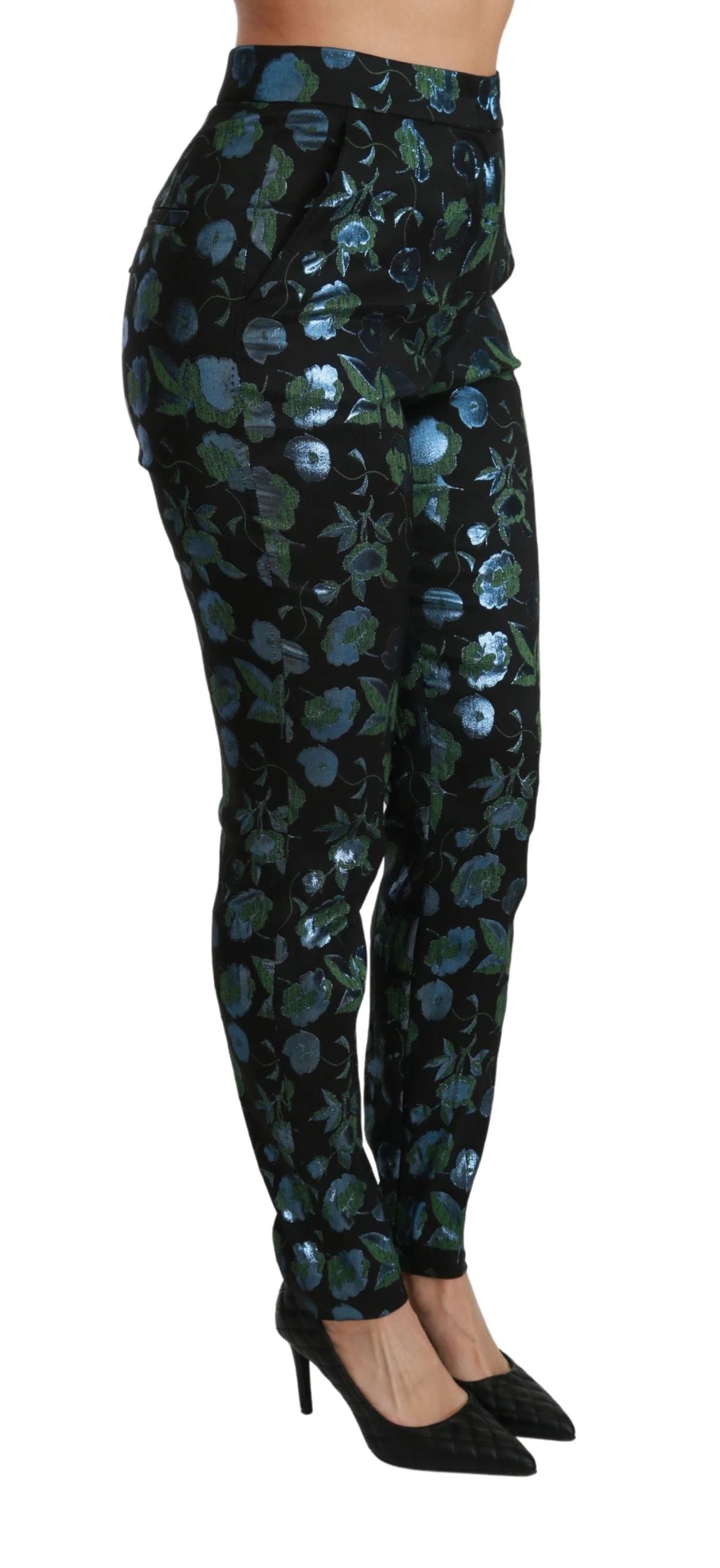 Dolce & Gabbana Blue Green Floral Metallic Slim Pants - IT40|S - Trousers