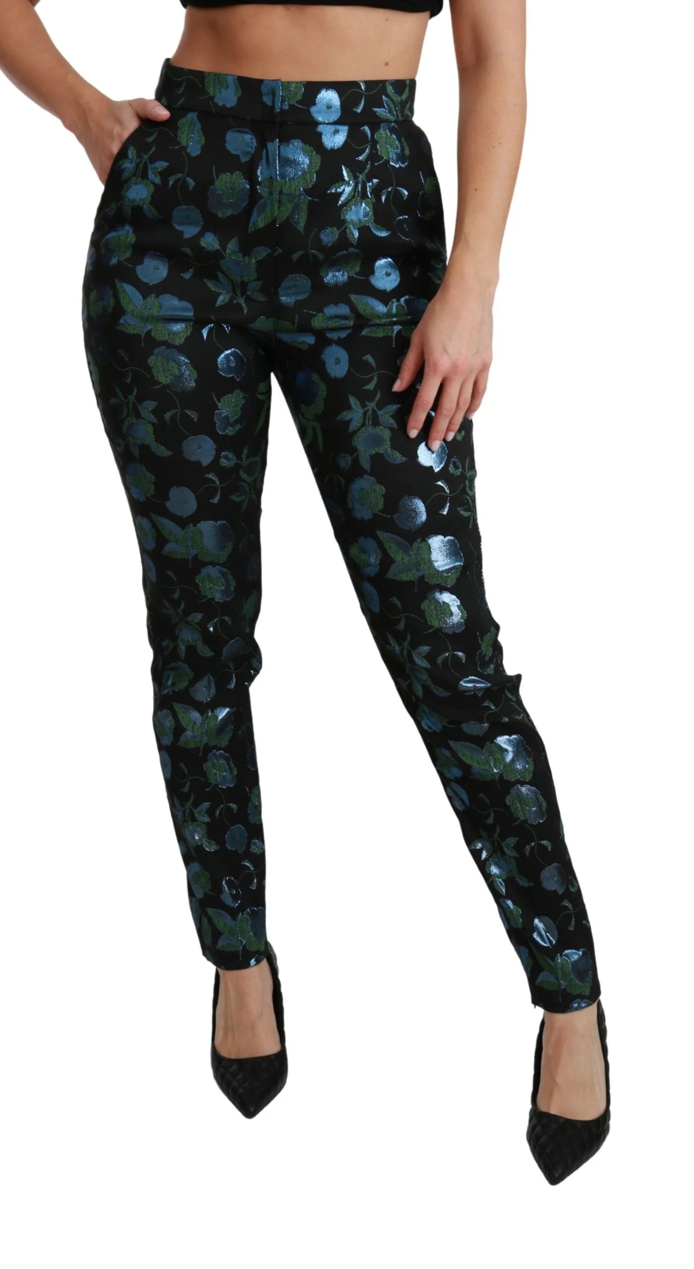 Dolce & Gabbana Blue Green Floral Metallic Slim Pants - IT40|S - Trousers