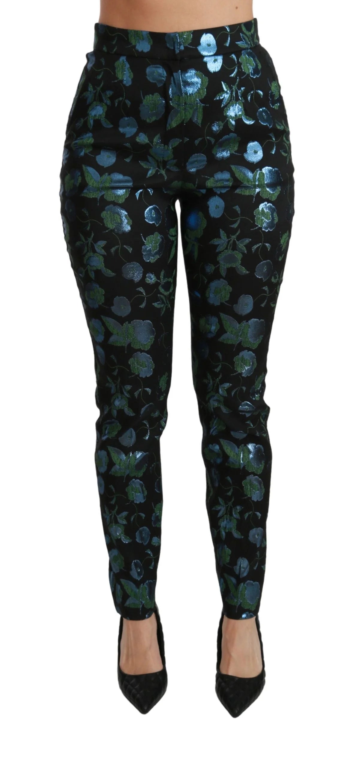 Dolce & Gabbana Blue Green Floral Metallic Slim Pants - IT40|S - Trousers