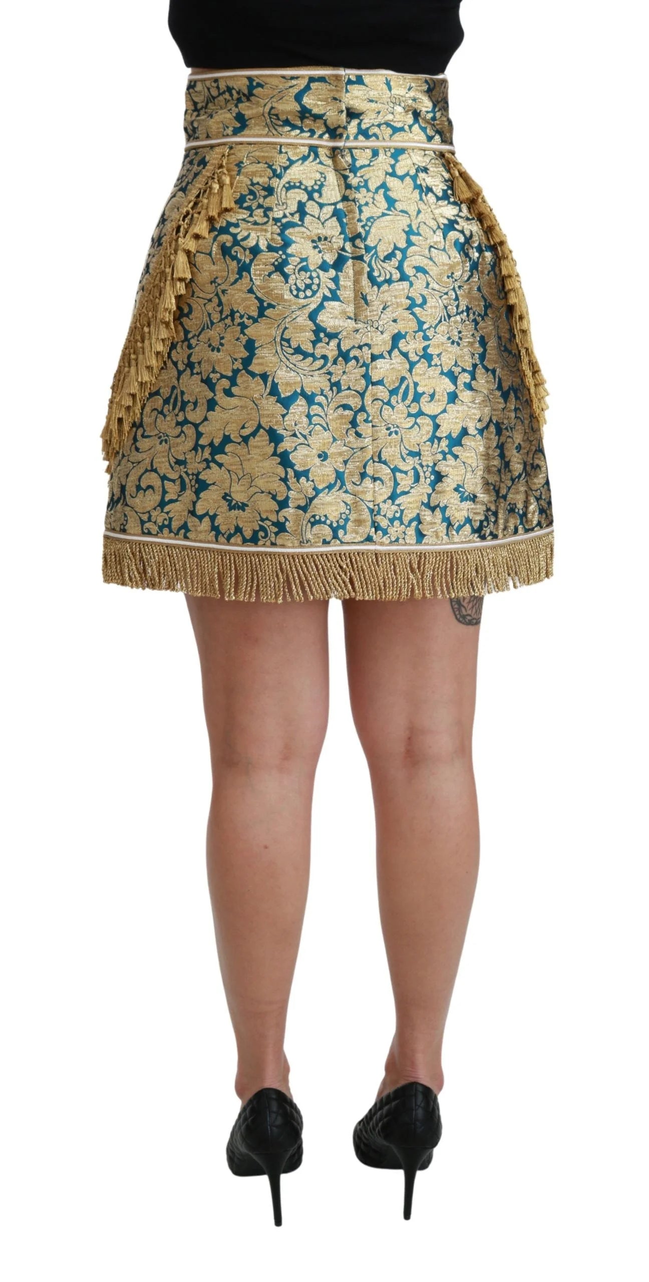 Dolce & Gabbana Blue High Waist Jacquard Tassel Gold Skirt - IT38|XS - Skirts