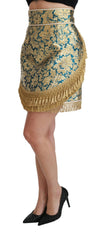 Dolce & Gabbana Blue High Waist Jacquard Tassel Gold Skirt - IT38|XS - Skirts
