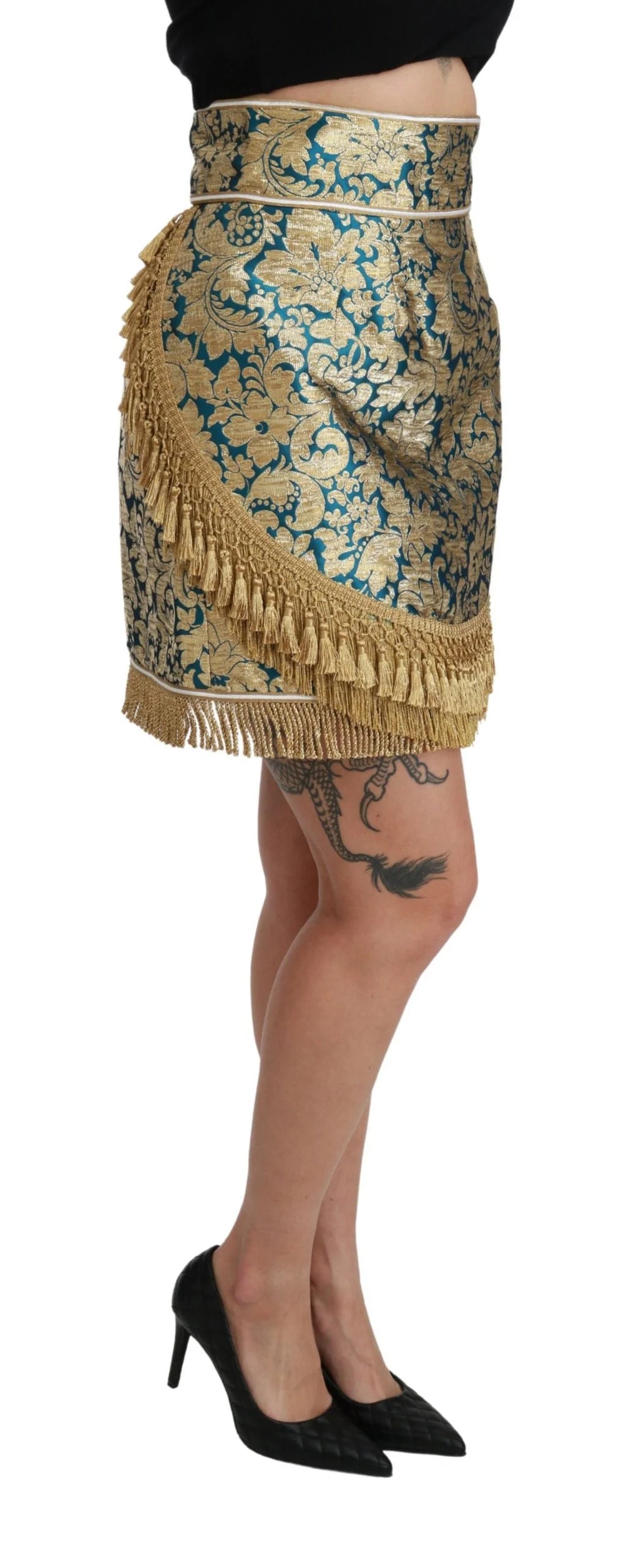 Dolce & Gabbana Blue High Waist Jacquard Tassel Gold Skirt - IT38|XS - Skirts
