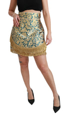 Dolce & Gabbana Blue High Waist Jacquard Tassel Gold Skirt - IT38|XS - Skirts