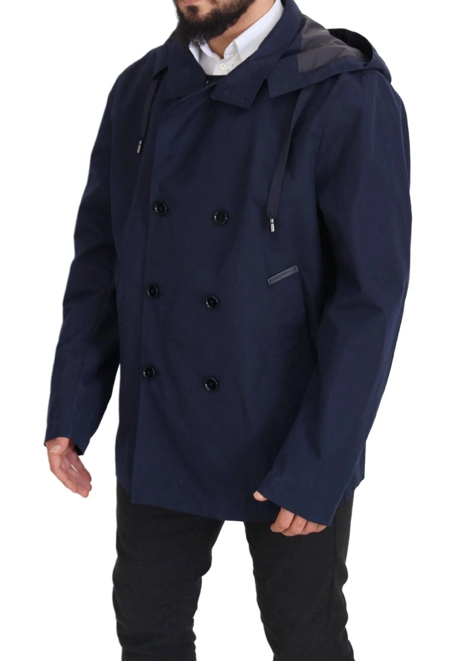 Dolce & Gabbana Blue Hooded Double Breasted Coat Jacket - IT58 | XXL - Parkas