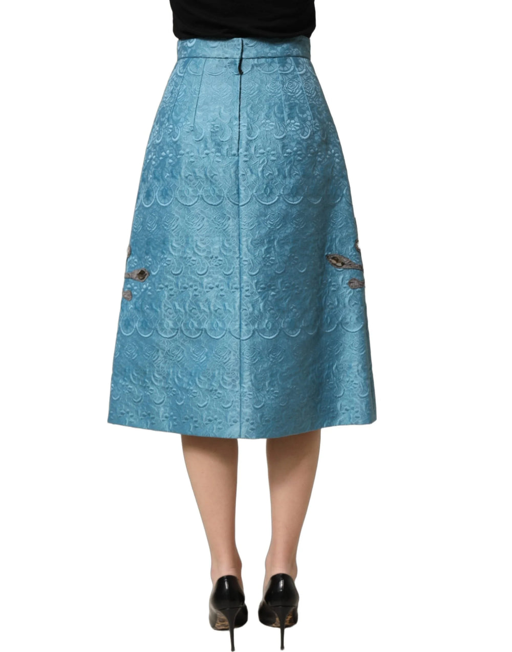 Dolce & Gabbana Blue Jacquard Embroidered A-line Midi Skirt