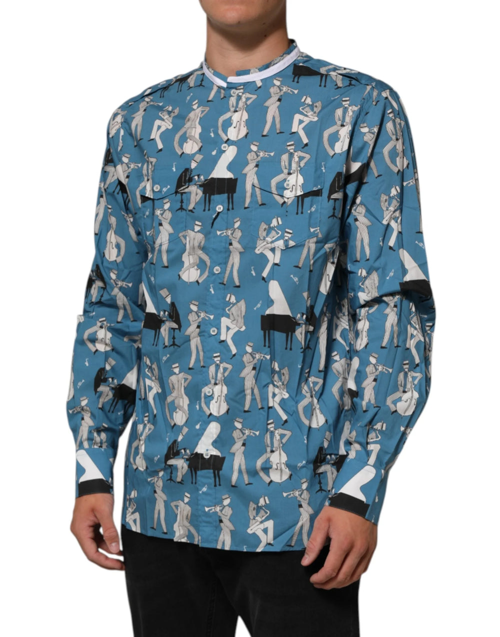Dolce & Gabbana Blue Jazz Printed Cotton Button Front Shirt - IT42 | XL - Shirts