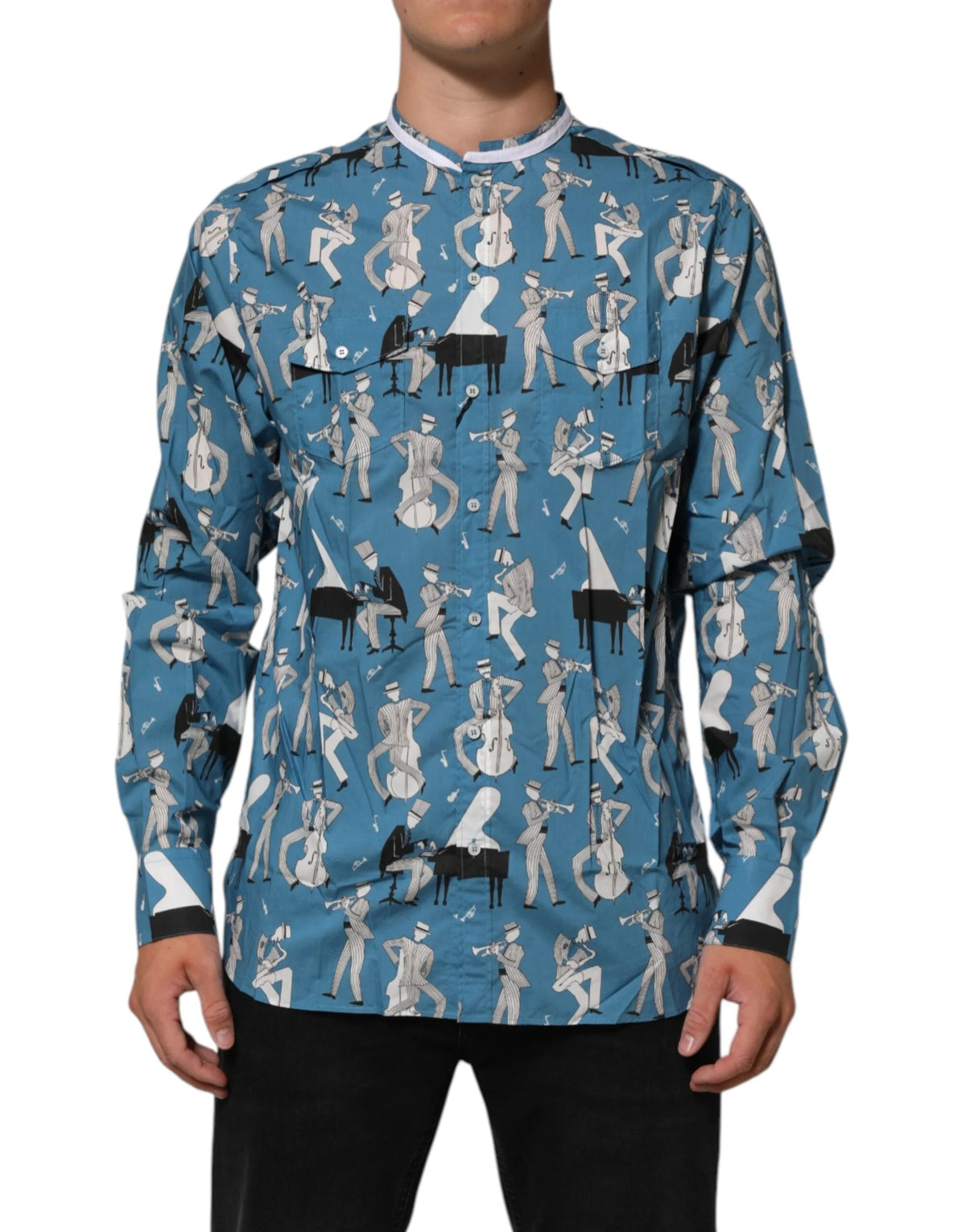 Dolce & Gabbana Blue Jazz Printed Cotton Button Front Shirt - IT42 | XL - Shirts