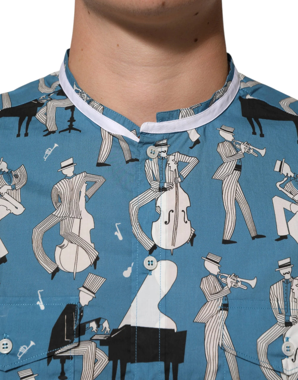 Dolce & Gabbana Blue Jazz Printed Cotton Button Front Shirt - IT42 | XL - Shirts