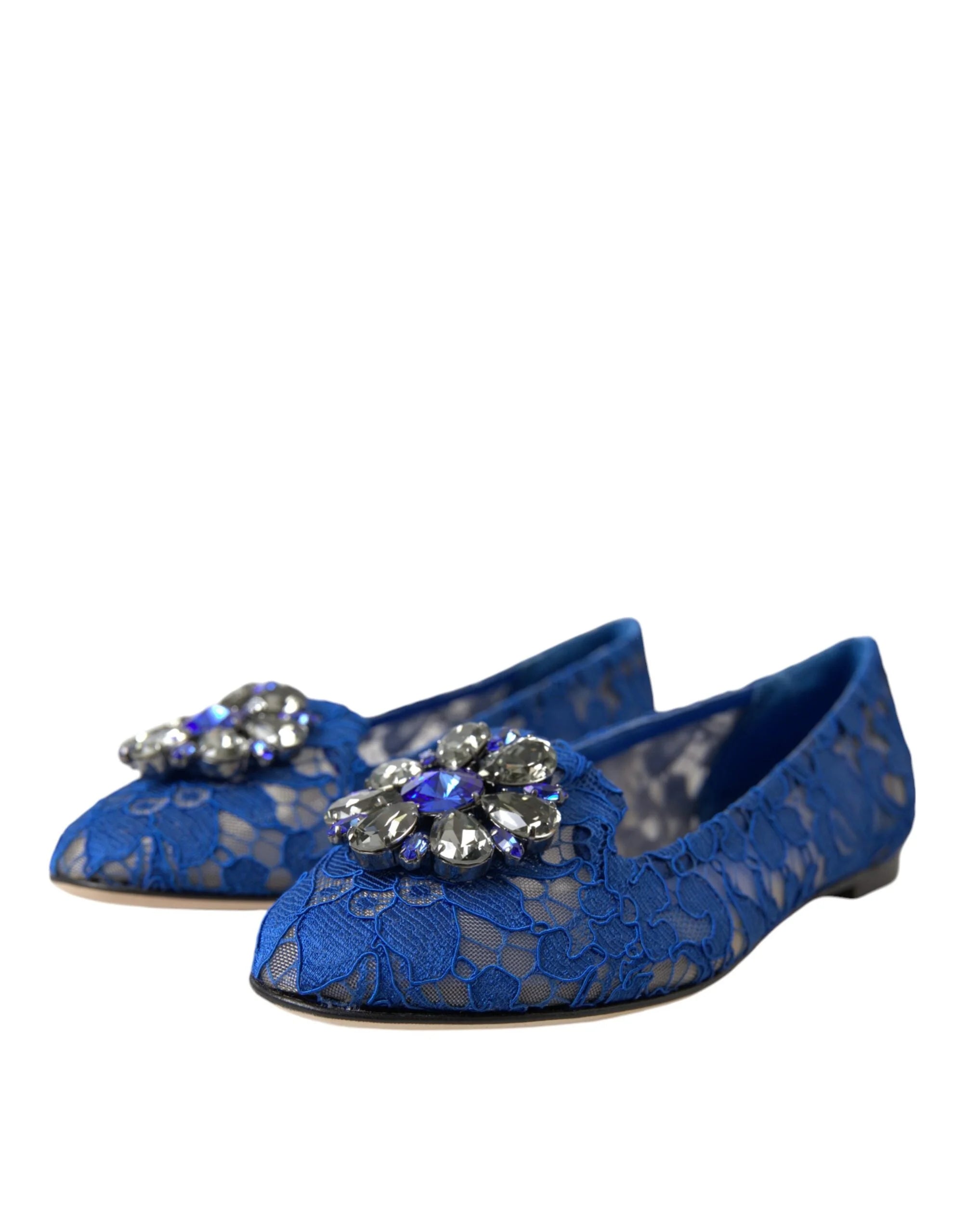 Dolce & Gabbana Ballerinas aus blauer Spitze mit Kristallen, Loafers, Schuhe