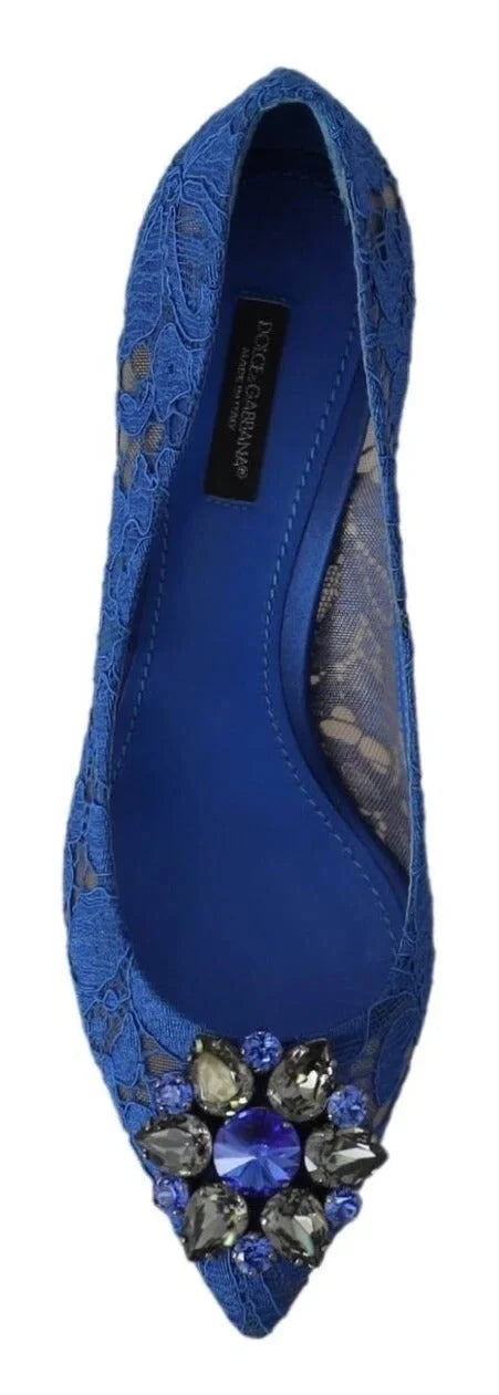 Dolce & Gabbana Blue Lace Crystal Ballet Pumps Shoes - EU37.5/US7 - Heels