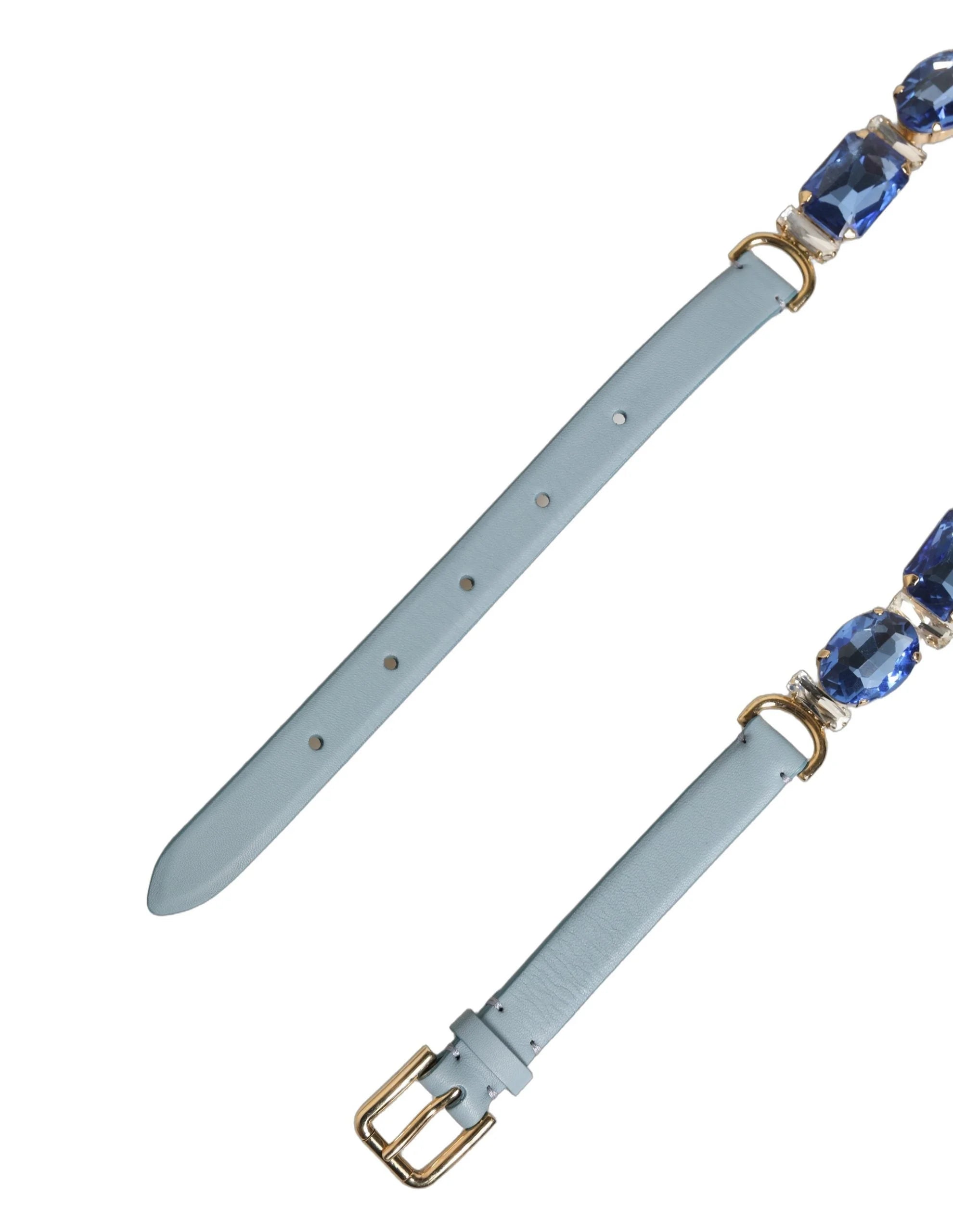 Dolce & Gabbana Blue Leather Crystal Chain Embellished Belt