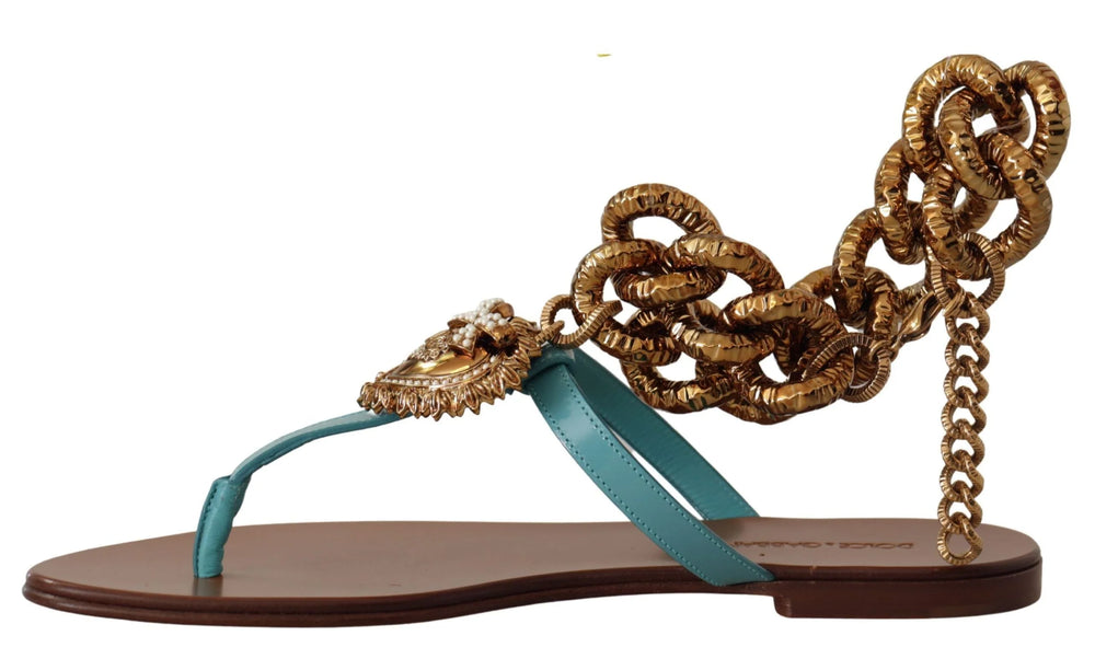 Dolce & Gabbana Blue Leather Devotion Flats Sandals - Sandals