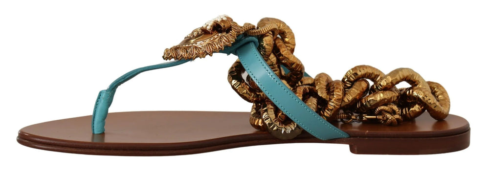 Dolce & Gabbana Blue Leather Devotion Flats Sandals - Sandals