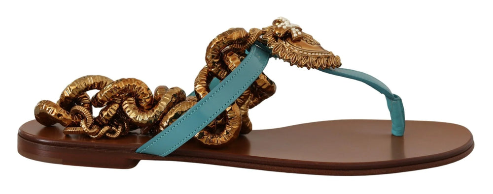 Dolce & Gabbana Blue Leather Devotion Flats Sandals - EU35.5/US5