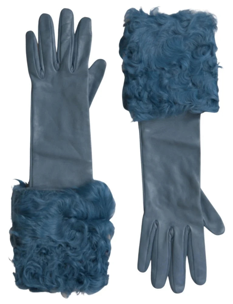 Dolce & Gabbana Blue Leather Fur Mid Arm Length Gloves - Gloves & Mittens