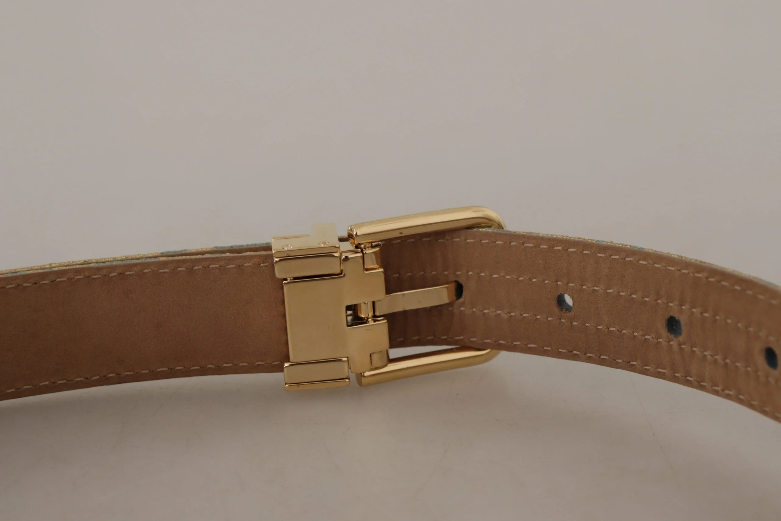 Dolce & Gabbana Blue Leather Jacquard Embossed Gold Metal Buckle Belt - 65 cm / 26 Inches - Belts