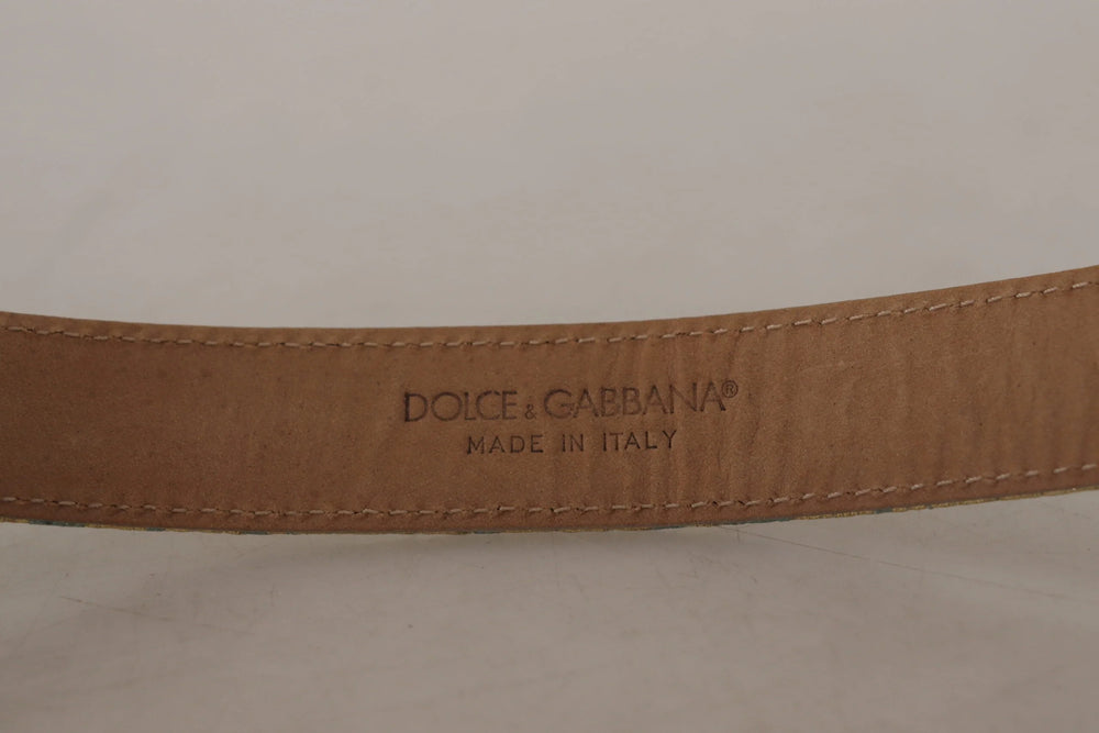 Dolce & Gabbana Blue Leather Jacquard Embossed Gold Metal Buckle Belt - 65 cm / 26 Inches - Belts