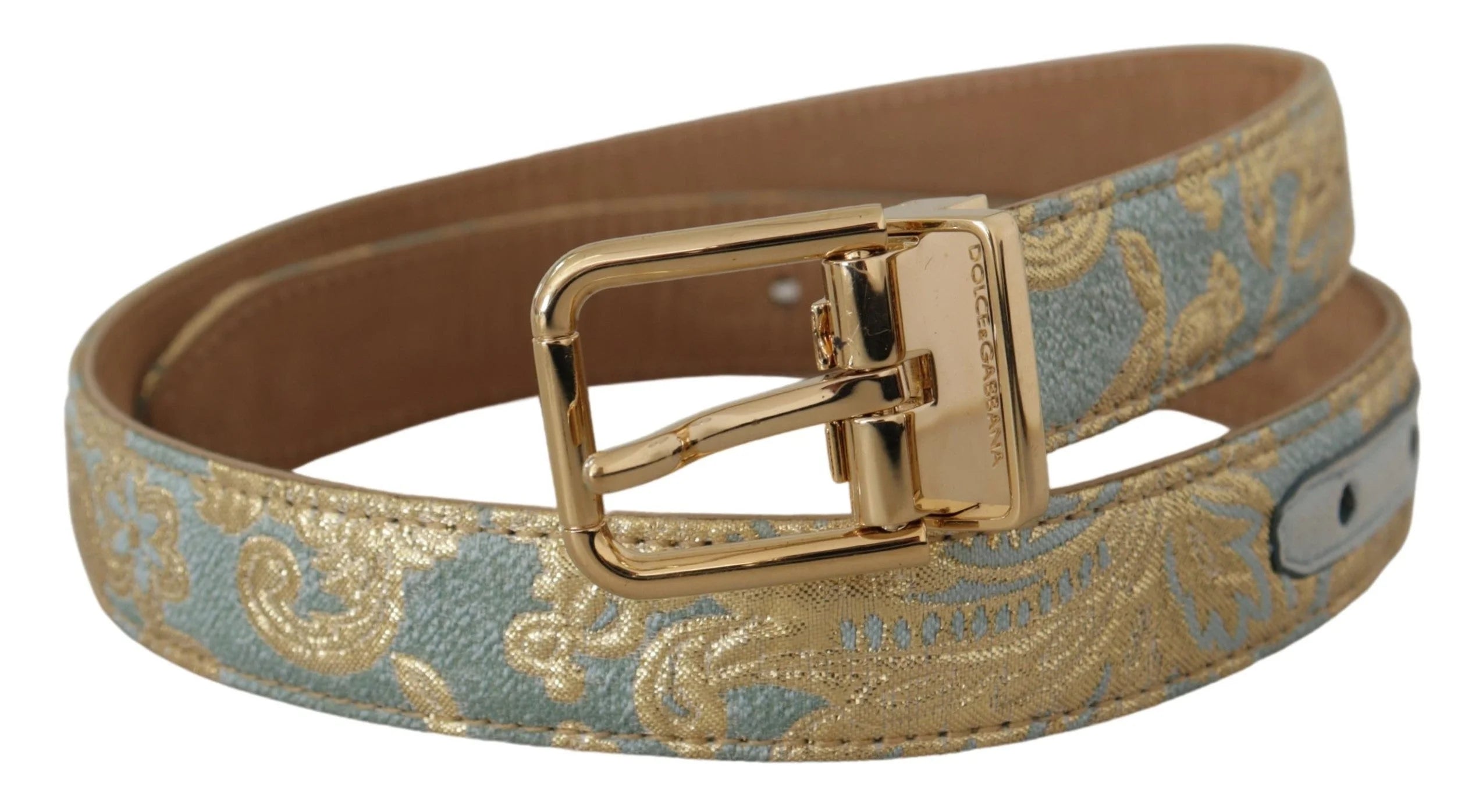 Dolce & Gabbana Blue Leather Jacquard Embossed Gold Metal Buckle Belt - 65 cm / 26 Inches - Belts