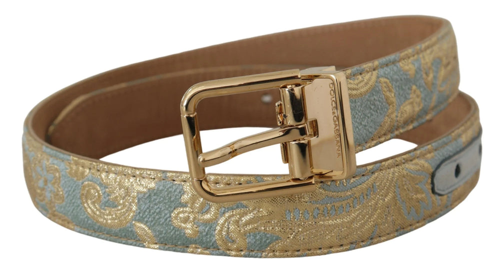 Dolce & Gabbana Blue Leather Jacquard Embossed Gold Metal Buckle Belt - 65 cm / 26 Inches - Belts