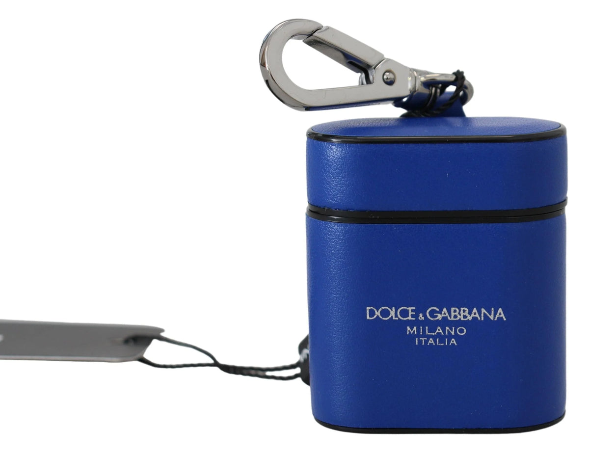 Dolce & Gabbana Blue Leather Silver Metal Logo Airpods Case - Headphone Carrying Cases