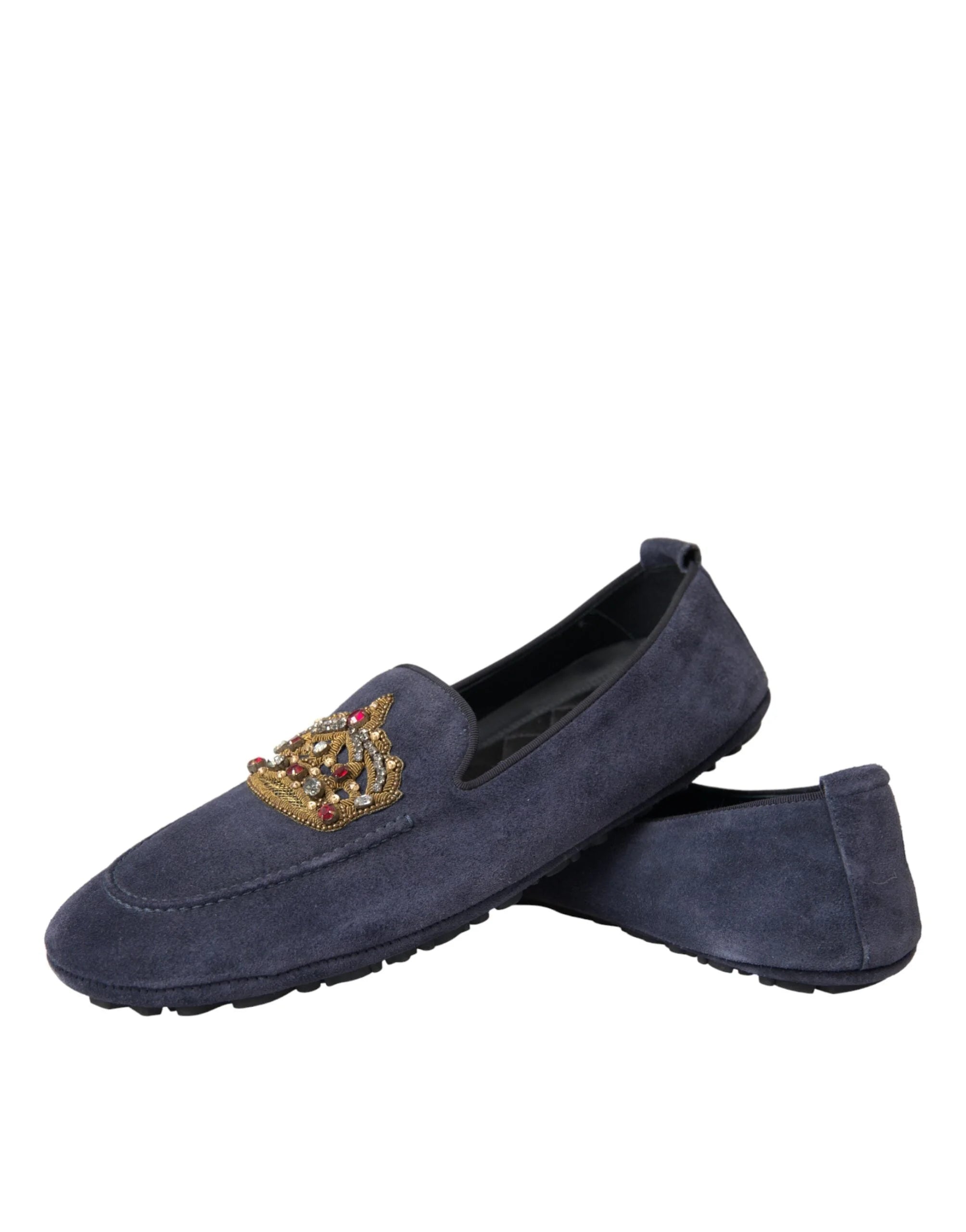 Dolce & Gabbana Blue Leather Suede Crystal Crown Loafers Shoes - EU40/US7 - Flats