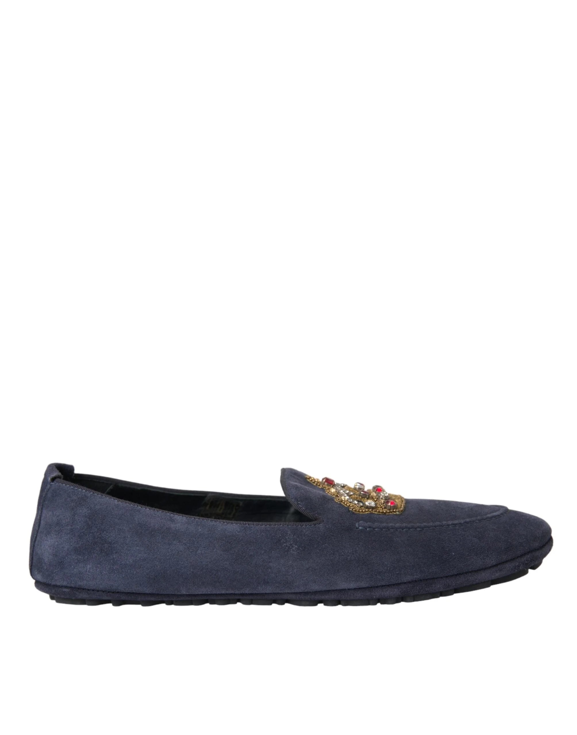 Dolce & Gabbana Blue Leather Suede Crystal Crown Loafers Shoes - EU40/US7 - Flats