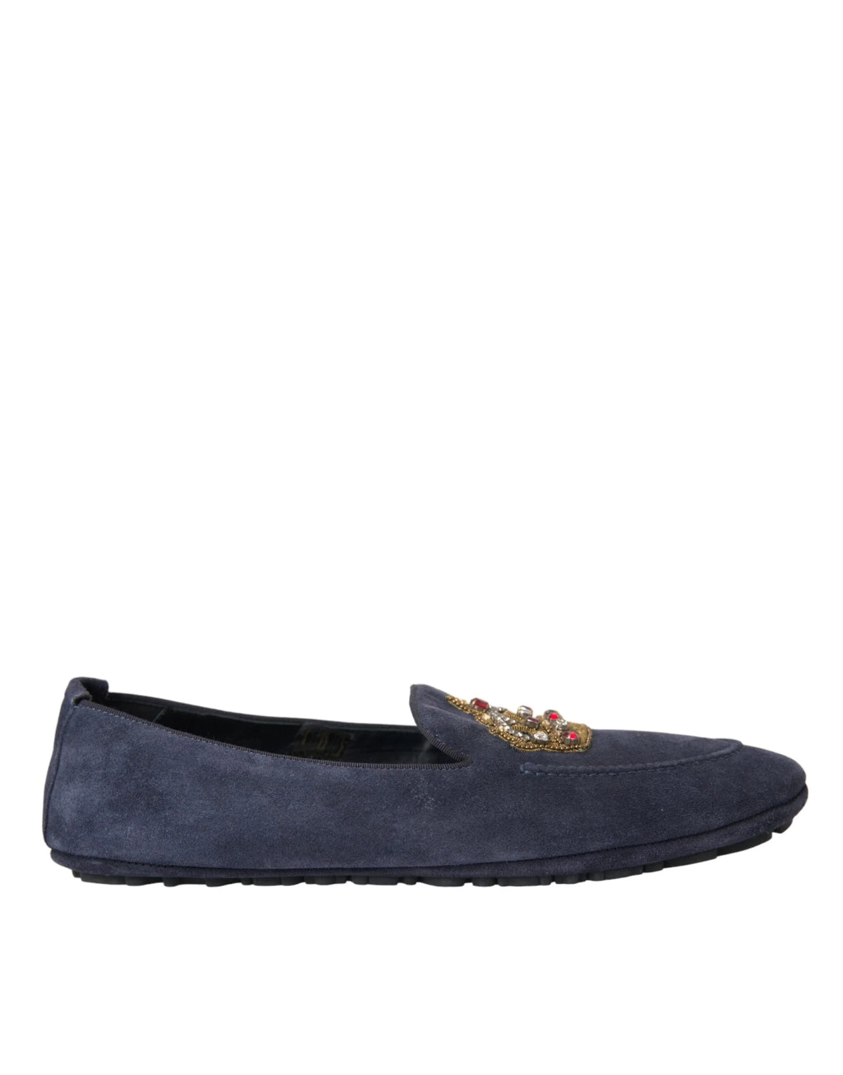 Dolce & Gabbana Blue Leather Suede Crystal Crown Loafers Shoes - EU40/US7 - Flats