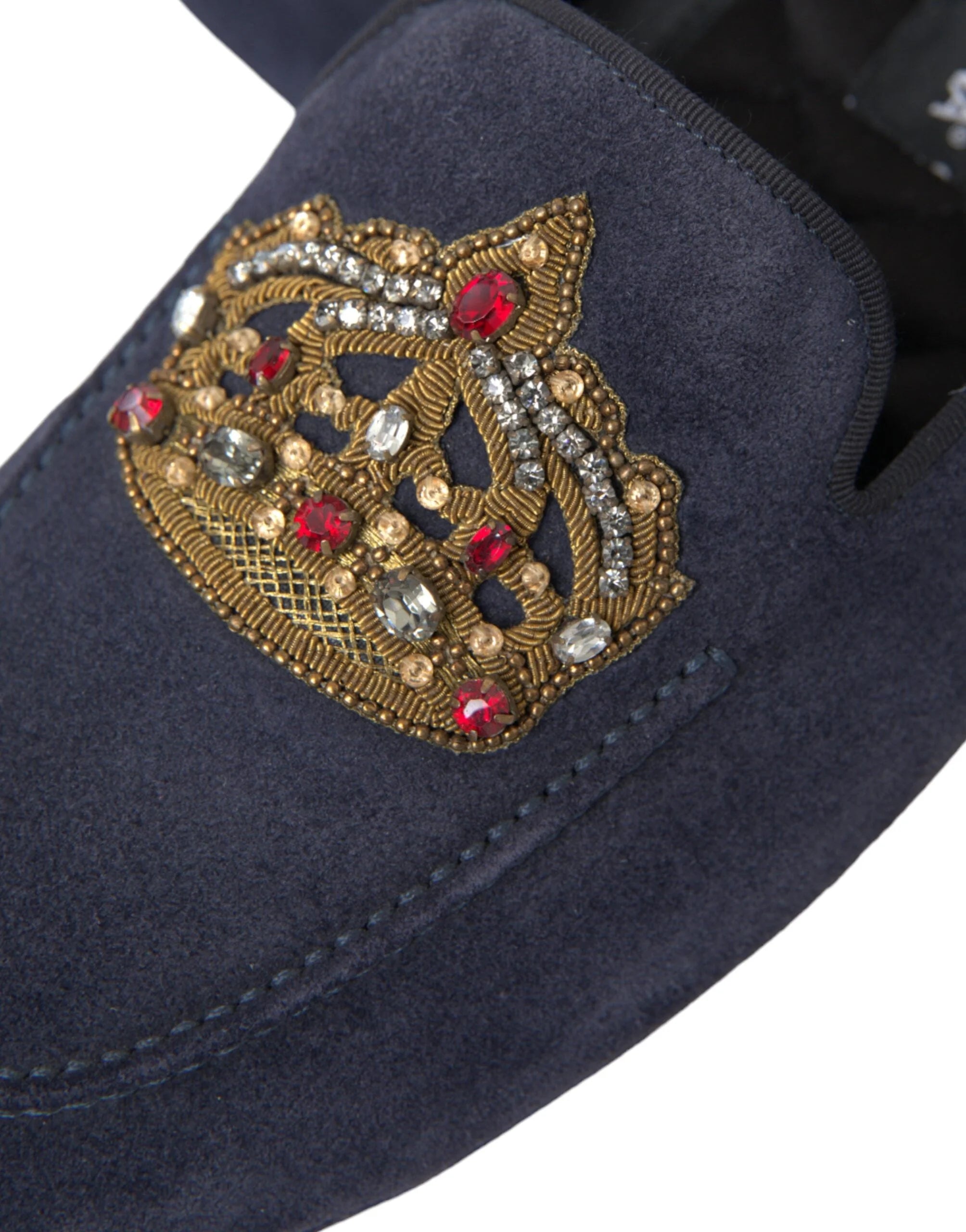 Dolce & Gabbana Blue Leather Suede Crystal Crown Loafers Shoes - EU40/US7 - Flats